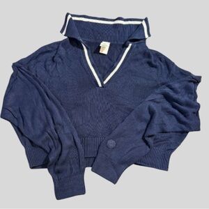 Victoria’s Secret PINK Navy Collared V-Neck Knit Sweater Logo Patch Large